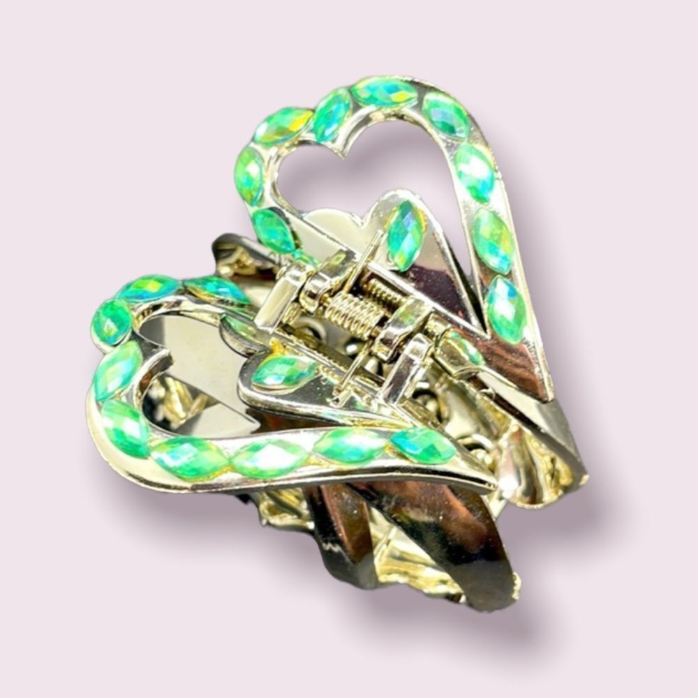Gold Claw Hair Clip Green Gemstone Vintage 90s